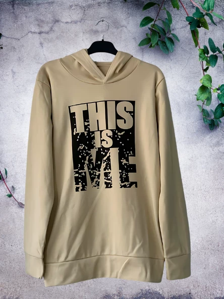 Baskılı Kapüşonlu Swaetshirt (Krem) - Resim 5