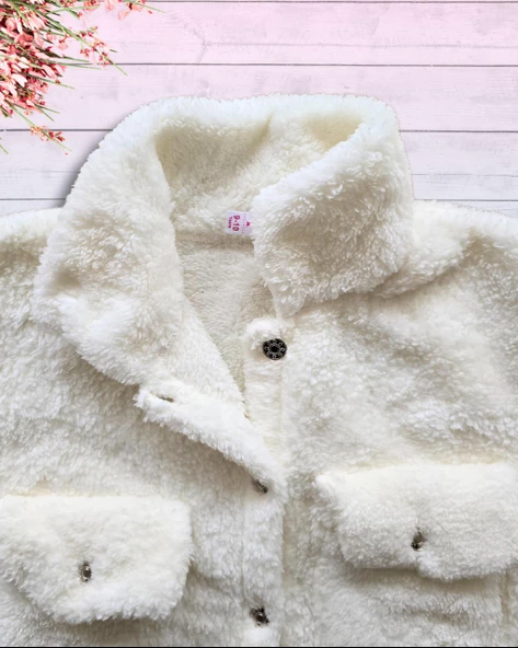 Düğmeli Dik Yaka Peluş Polar Baskılı Kız Çocuk Mont (Beyaz) - 4