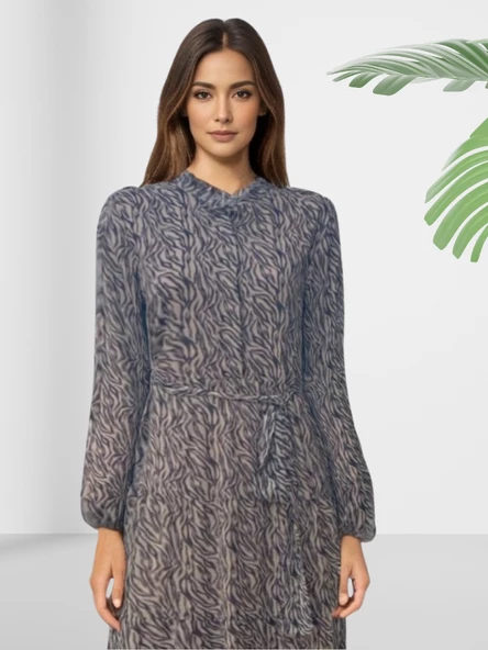 Şifon Astarlı Leopar Desenli Uzun Elbise - Resim 4