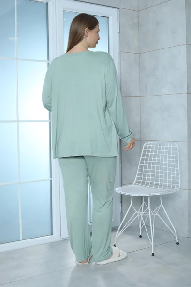 Limissi Viskon Büyük Beden Yeşil Pijama Takımı %100 Pamuk - Resim 2