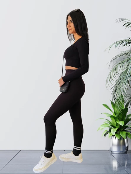 Yüksek Bel Toparlayıcı ve Sıkılaştırıcı Likralı Fitilli Şardonlu Tayt (Siyah) - 4