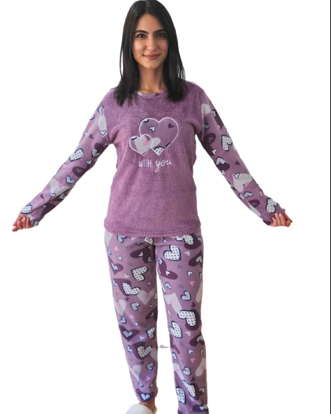 With You Kalp Desenli Kadın Polar Peluş Pijama Takımı (Mor)