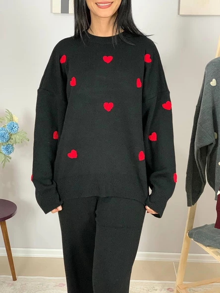 Kadın Uzun Kol Kalpli Bisiklet Yaka Triko Kazak Pantolon Takım (Siyah) - Resim 5