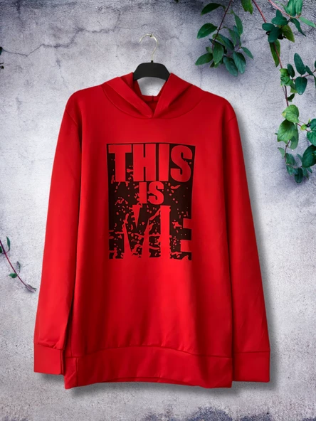 Baskılı Kapüşonlu Swaetshirt (Kırmızı) - Resim 5