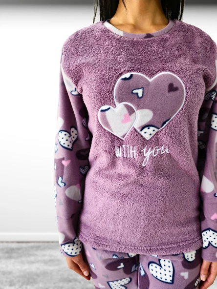 With You Kalp Desenli Kadın Polar Peluş Pijama Takımı (Mor) - Resim 7
