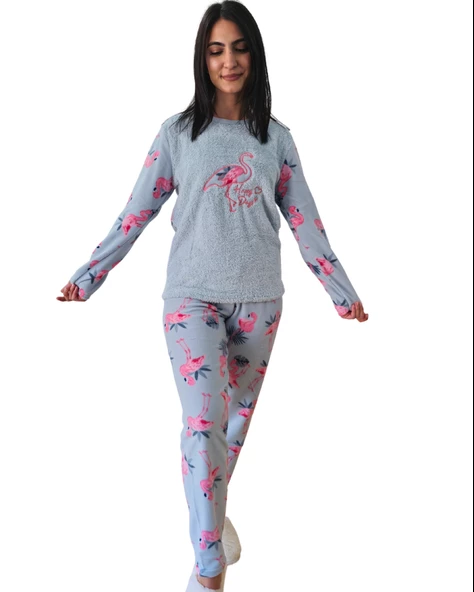 Happy Days Flamingo Desenli Kadın Polar Peluş Pijama Takımı (Yeşil)