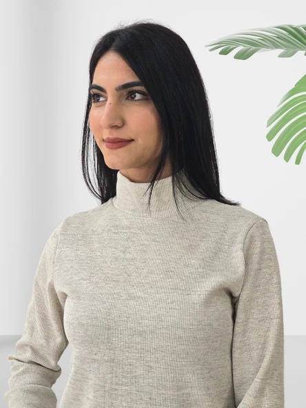 Boğazlı Düz Swaetshirt (Krem) - Resim 3