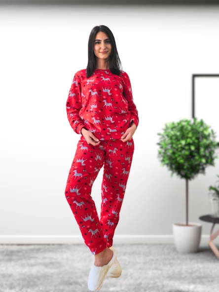 Baskılı Kadın Polar Peluş Yeni Yıl Pijama Takımı (Geyik) - 3