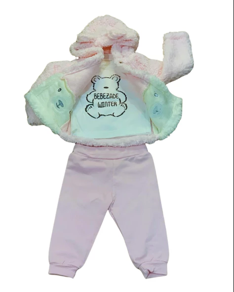 Peluş Montlu Kız Bebek Takım (Pembe) - Resim 2