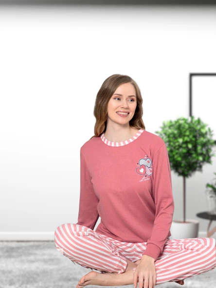 Love Kalp Desenli Pamuk Kadın Pijama Takımı (Pembe) - Resim 4