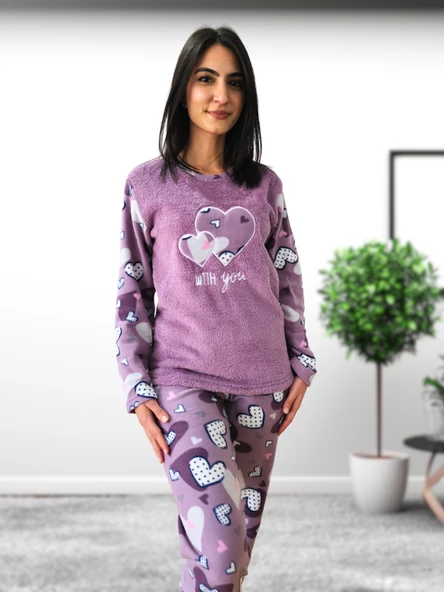 With You Kalp Desenli Kadın Polar Peluş Pijama Takımı (Mor) - Resim 2