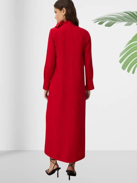 Dökümlü Şal Yaka Uzun Kırmızı Elbise - Resim 4