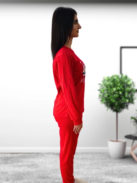 Baskılı Pamuk Kadın Yeni Yıl Pijama Takımı (Noel Baba) - Resim 4