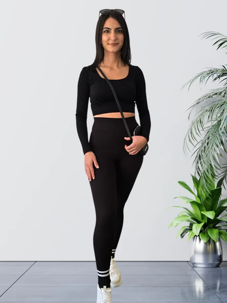 Yüksek Bel Toparlayıcı ve Sıkılaştırıcı Likralı Fitilli Şardonlu Tayt (Siyah) - 2