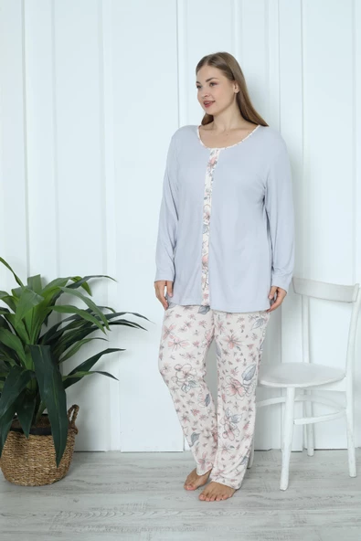 Limissi Viskon Büyük Beden Desenli Melisa Gri Pijama Takımı %100 Pamuk - Resim 3