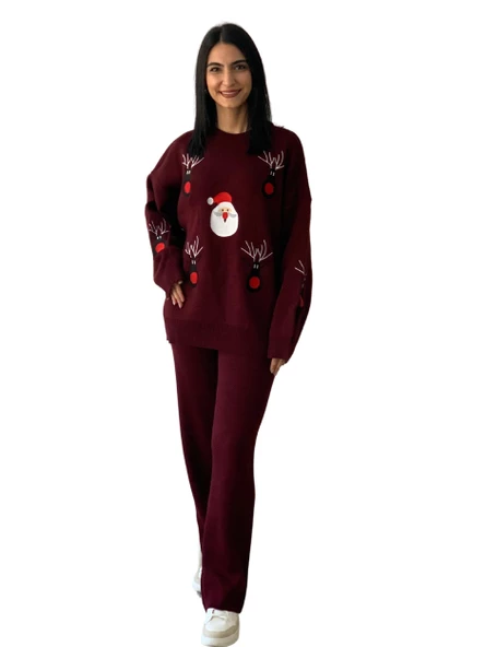 Kadın Uzun Kol Yeni Yıl Nakışlı Bisiklet Yaka Triko Kazak Pantolon Takım (Bordo)