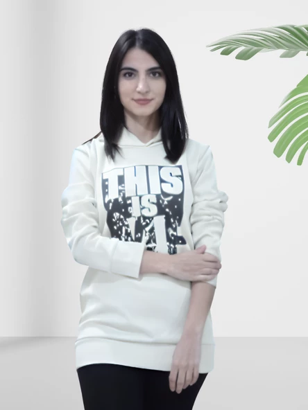 Baskılı Kapüşonlu Swaetshirt (Beyaz) - Resim 2