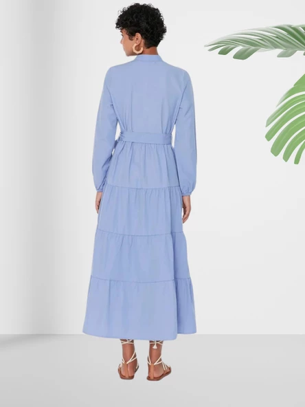 Dökümlü Sıfır Yaka Mavi Kloş Elbise - Resim 4