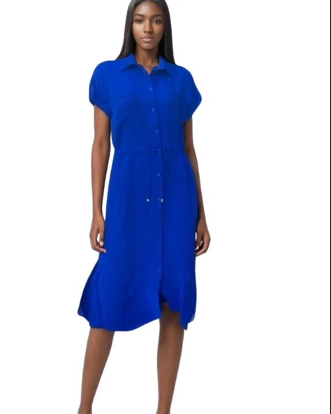 Düğmeli Yakalı Yırtmaçlı Lacivert Elbise ürün görseli