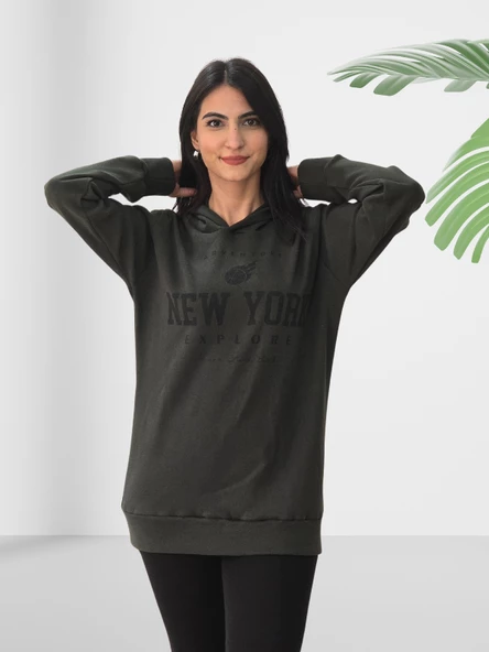New York Baskılı Kapüşonlu Swaetshirt (Haki) - Resim 3
