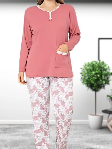 Büyük Beden Desenli Pamuk Kadın Pijama Takımı (Pudra) - Resim 3