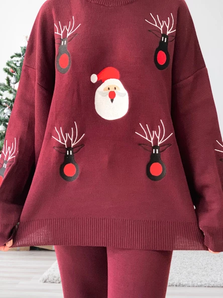 Kadın Uzun Kol Yeni Yıl Nakışlı Bisiklet Yaka Triko Kazak Pantolon Takım (Bordo) - 5