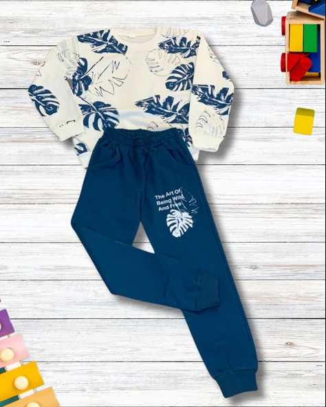 Yaprak Baskılı Günlük Mevsimlik Renkli Erkek Alt Üst Takım (Lacivert) - Resim 2