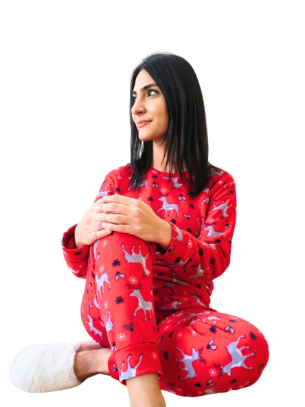 Baskılı Kadın Polar Peluş Yeni Yıl Pijama Takımı (Geyik) - 2