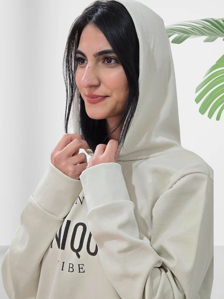 Unique Baskılı Kapüşonlu Swaetshirt (Krem) - Resim 4