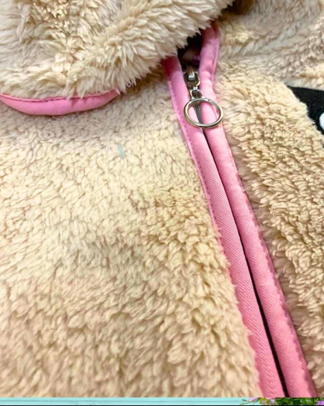 Fermuarlı Kapüşonlu Peluş Polar Baskılı Kız Çocuk Mont (S.Kahve) - 3