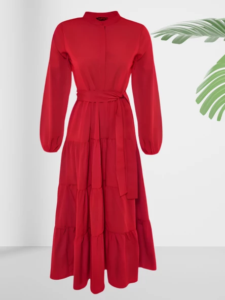 Dökümlü Sıfır Yaka Kırmızı Kloş Elbise - Resim 3