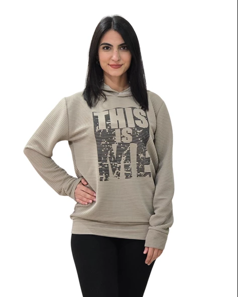 Baskılı Kapüşonlu Swaetshirt (Çizgili Taba)
