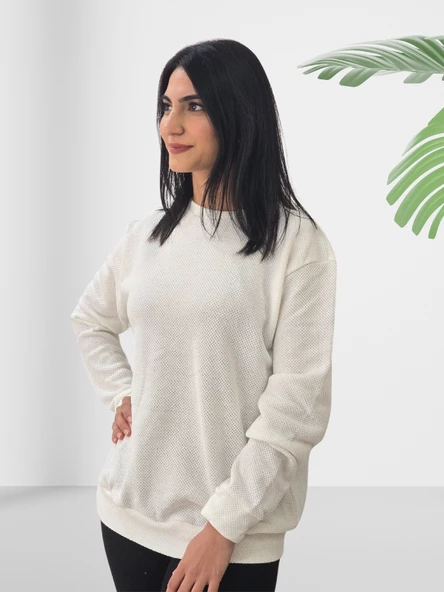 Düz Sıfır Yaka Triko Görünüm Sweatshirt (Beyaz) - Resim 3