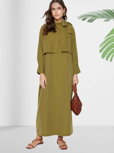 Dökümlü Şal Yaka Uzun Yeşil Elbise - 2