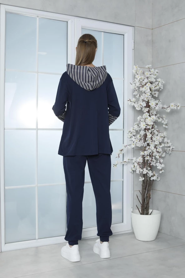 Limissi Viskon Lacivert Kapişonlu Eşofman Takımı %100 Pamuk - Resim 4