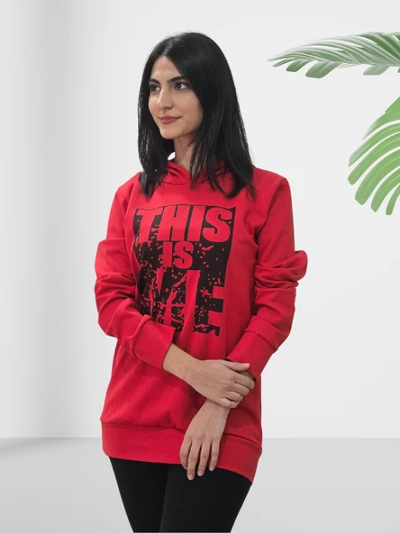 Baskılı Kapüşonlu Swaetshirt (Kırmızı) - Resim 2