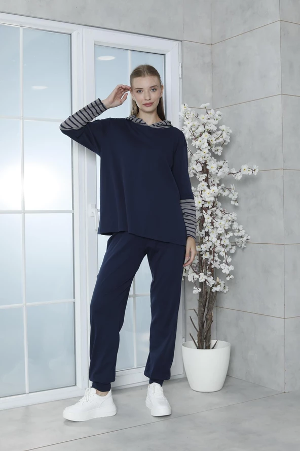 Limissi Viskon Lacivert Kapişonlu Eşofman Takımı %100 Pamuk - Resim 7