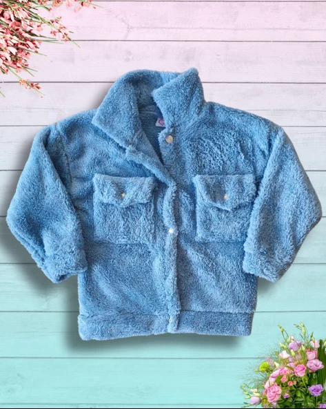 Düğmeli Dik Yaka Peluş Polar Baskılı Kız Çocuk Mont (Yeşil) - 2