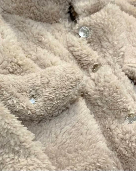 Düğmeli Dik Yaka Peluş Polar Baskılı Kız Çocuk Mont (Taba) - 6