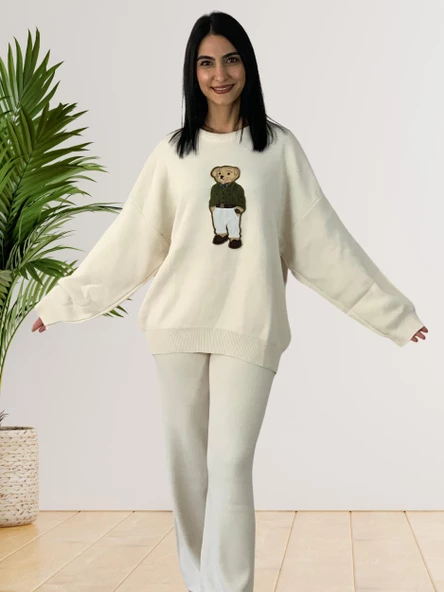 Kadın Uzun Kol Teddy Bear Bisiklet Yaka Triko Kazak Pantolon Takım (Krem) - Resim 2
