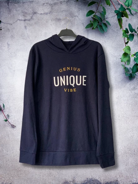 Unique Baskılı Kapüşonlu Swaetshirt (Lacivert) - Resim 5