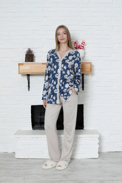Limissi Viskon Desenli Lacivert Pijama Takımı %100 Pamuk - 3