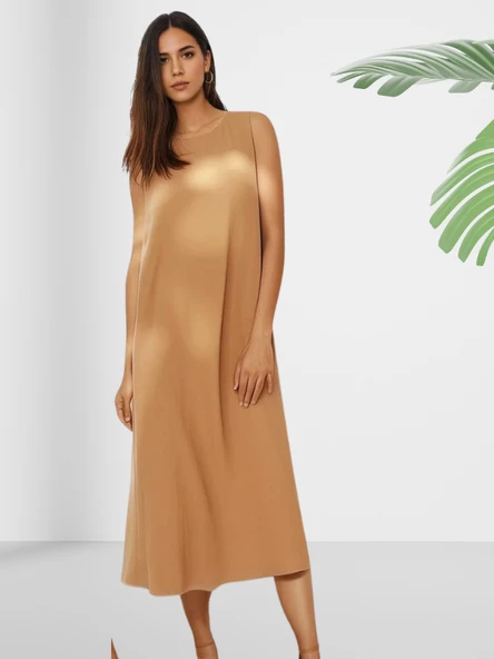 Sıfır Yaka Kolsuz Düz Uzun Saten Elbise - Resim 4