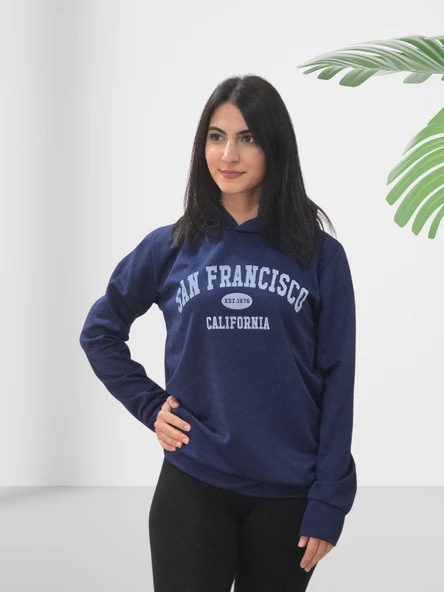 San Fransisco Baskılı Kapüşonlu Swaetshirt (Lacivert) - Resim 2