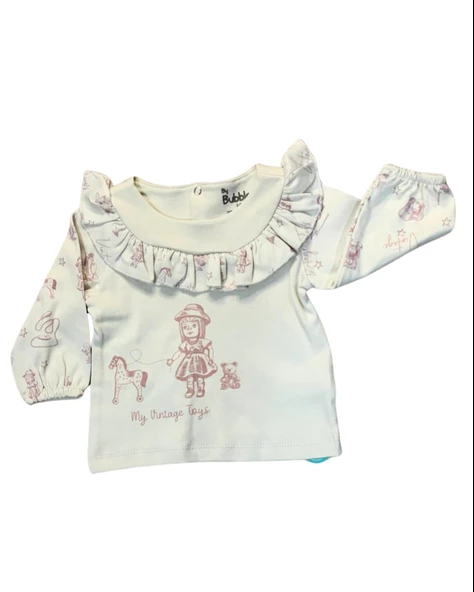 Volanlı Kol Baskılı Kız Bebek Takım (Krem) - 2