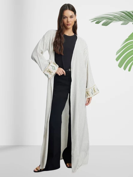 Çizgili Keten Tesettür Kimono - Resim 2