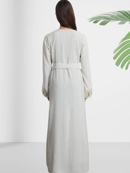 Çizgili Keten Tesettür Kimono - Resim 3