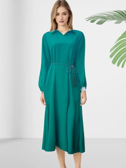 Düz Kuşaklı Yeşil Elbise - Resim 2
