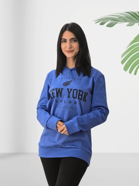 New York Baskılı Kapüşonlu Swaetshirt (Mavi) - Resim 2