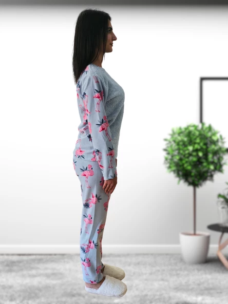 Happy Days Flamingo Desenli Kadın Polar Peluş Pijama Takımı (Yeşil) - Resim 3